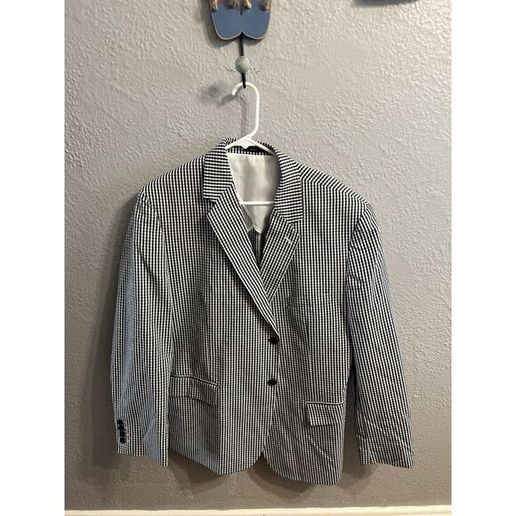 Club Room Men 46R Navy Blue & White Gingham Cotton‎ Blazer Sport Coat Jacket - Picture 2 of 9